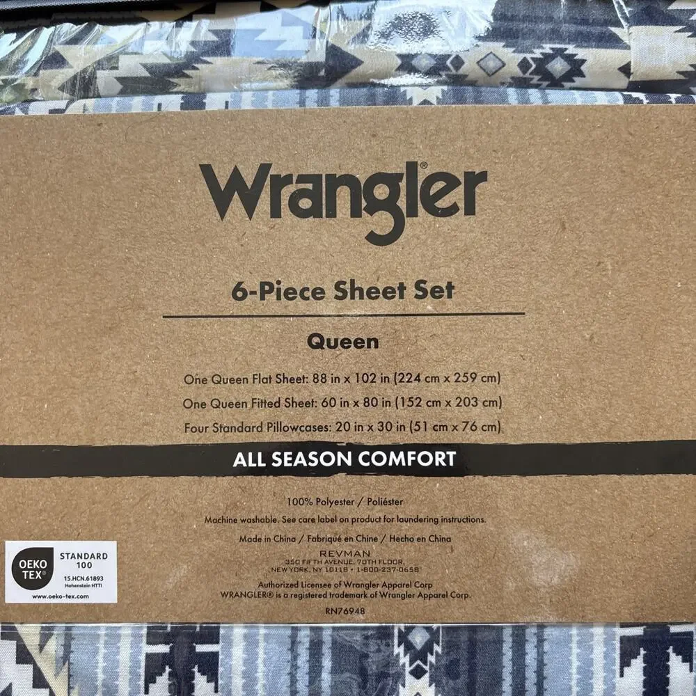 Wrangler Queen Sheet Set Ryder Aztec Blue Southwestern Geometric 6 pc Set Cowboy